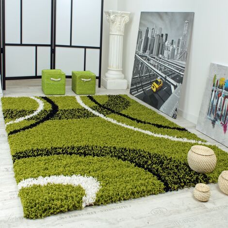 Paco Home Tapis Shaggy Longues Mèches Hautes Motifs Vert Noir Blanc 120x170 cm