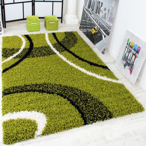 Paco Home Tapis Shaggy Longues Mèches Hautes Motifs Vert Noir Blanc 120x170 cm