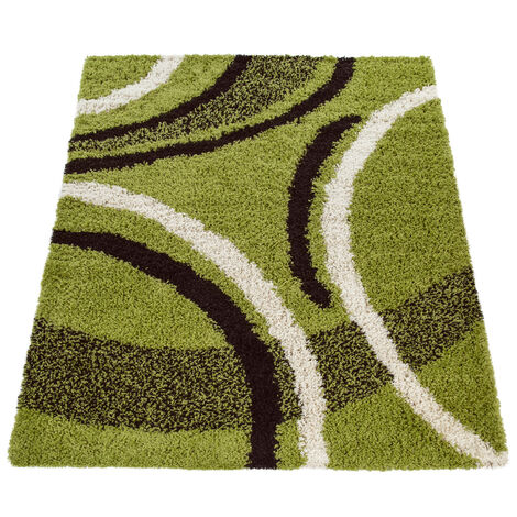 Paco Home Tapis Shaggy Longues Mèches Hautes Motifs Vert Noir Blanc 120x170 cm