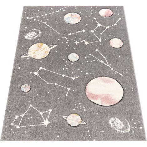 Paco Home Tapis Pour Enfants, Tapis De Jeux Planètes Et Étoiles, Chambre D'Enfant Gris 80x150 cm