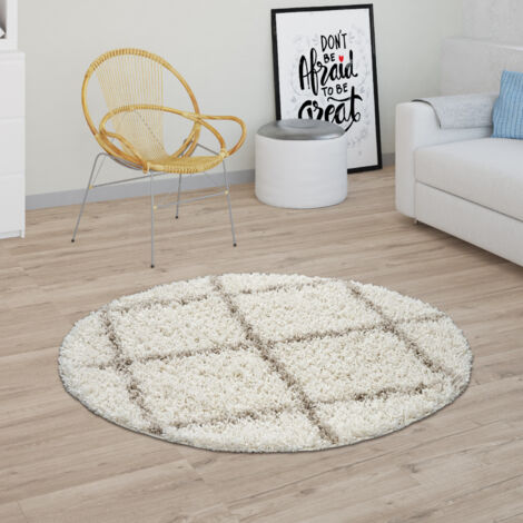 Paco Home Tapis Salon Poils Longs Shaggy Design Scandinave Avec Motif Losanges, Moderne Beige 120 cm rond (1/5)