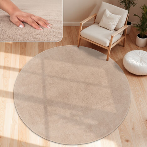 Paco Home Tapis Moderne Salon À Poils Courts Lavable Doux Uni Effet Fourrure Antidérapant Beige, 160 cm rond