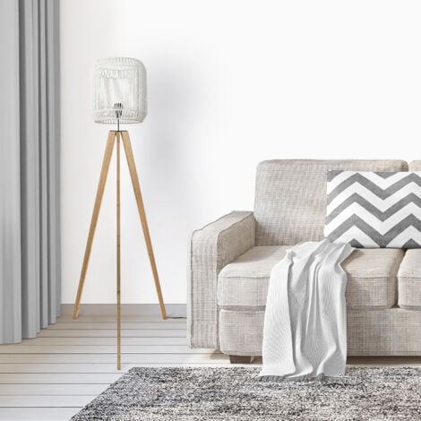 Paco Home Lampadaire  Moderne Salon Chambre Aspect Rotin Boho Corbeille E27  Blanc (Ø28 cm),  Lampadaire Bois