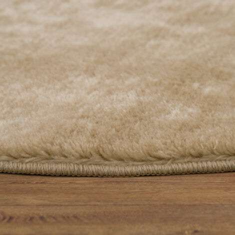 Paco Home Tapis De Salon Poils Ras Lavable Monochrome Style Moderne Beige Crème 120 cm rond