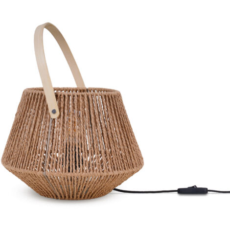 Paco Home Lampada Da Terra In Legno Effetto Rattan - Stile Boho, Paralume Beige/Bianco, 28 Cm - 2