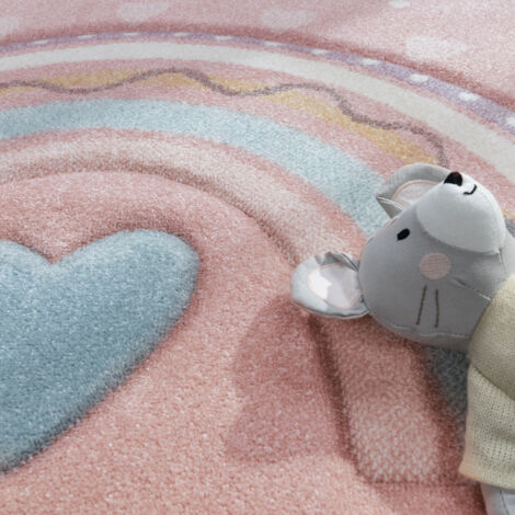 Paco Home Tapis Chambre Enfant Rond 120 Cm – Motif Arc-en-Ciel Cœur, Polyester Doux, Certifié OEKO-TEX