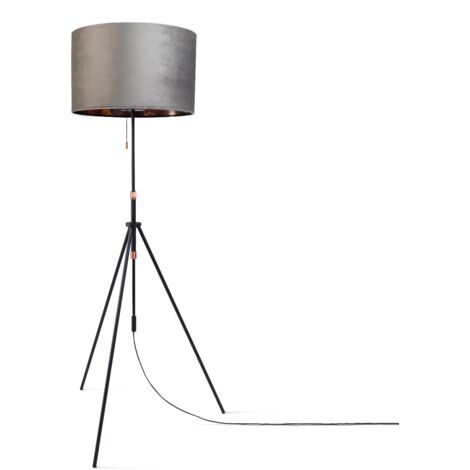 Paco Home Suspension Lampadaire Trépied Salon Abat-Jour Velours Monochrome E27 Gris Cuivre (Ø45,5 cm),  Lampadaire - Type 2 - Noir