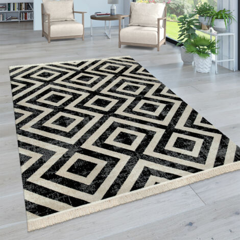 Paco Home Tapis Intérieur & Extérieur Tissé À Plat Motif Losanges Moderne Pour Terrasse Et Balcon 160 cm rond, Noir-Blanc
