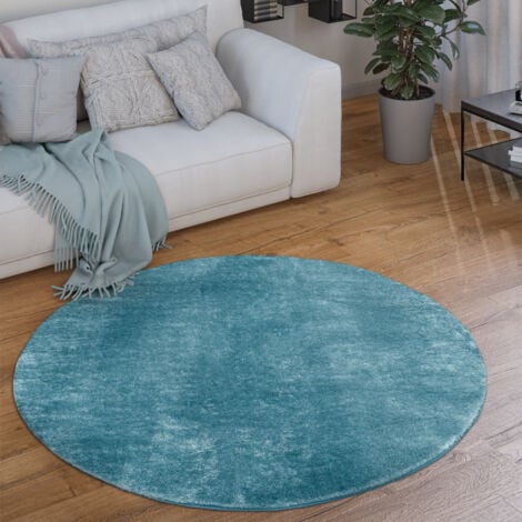 Paco Home Tapis Rond Salon Tapis Poil Ras Moderne Moelleux Lavable Monochrome Turquoise, 80 cm rond