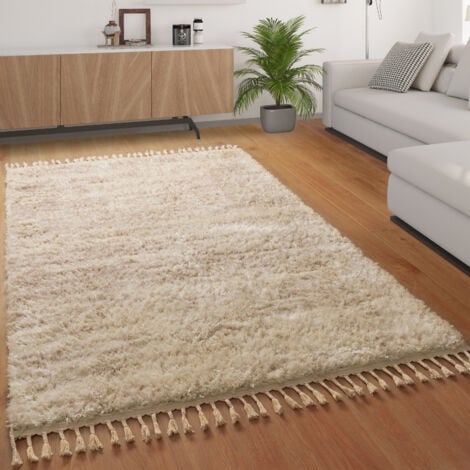 Paco Home Tapis Poil Long Tapis De Salon Shaggy Aspect Flokati Franges Chin Cr Me Beige