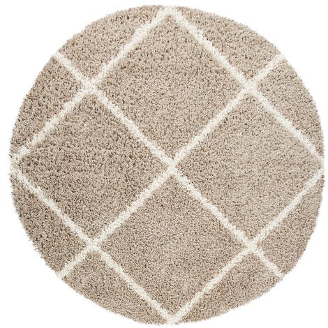 Paco Home Tapis Salon Poils Longs Shaggy Design Scandinave Avec Motif  Losanges, Moderne Beige 80 cm rond