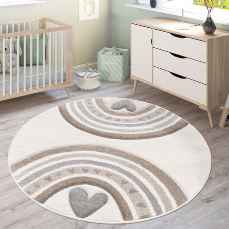 Paco Home Tapis Enfant Tapis Chambre Enfant Fille Garcon Arc-en-ciel Coeur 3D Beige 120 cm rond