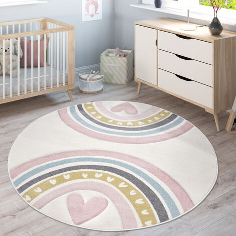 Paco Home Tapis Enfant Tapis Chambre Enfant Fille Garcon Arc-en-ciel Coeur 3D Rose Crème 200 cm rond