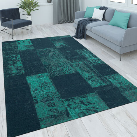 Paco Home Tapis Salon Chambre Adulte Poils Ras Vintage Motif Oriental Ornements 80x150 cm, Turquoise (1/5)