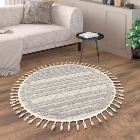 Paco Home Tapis Salon Chambre Adulte Poils Ras Boho Motif Scandinave  Geometrique Rond 120 cm rond, Crème