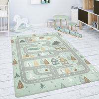 Paco Home – Tapis enfant route ours élan arbres 120x160 cm – Tissage plat 100% polyester – Facile d’entretien – Compatible chauffage au sol jusqu'à 24°C