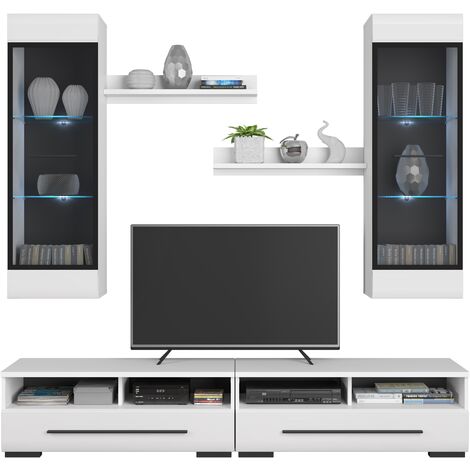 White Gloss Modern Living Room Furniture Set LED Light Wall Unit TV ...