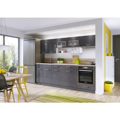 Grey High Gloss Kitchen 7 Units Cabinets Set Acrylic Legs Soft Close 240cm LUXE
