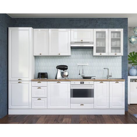 White Gloss Shaker Kitchen 9 Cabinet Cupboard Unit Set Larder Modern 3m Antila - White / White High Gloss