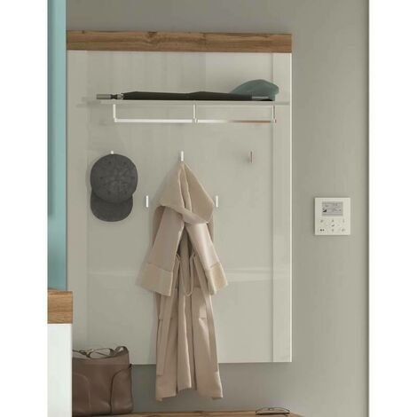 Coat Hooks Wall Panel Hallway Shelf Storage Rail White Gloss Oak Effect  Holten