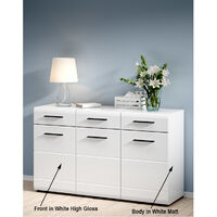 Wide Sideboard Cabinet High Gloss White Doors Drawers Black Accents Fever 150 cm
