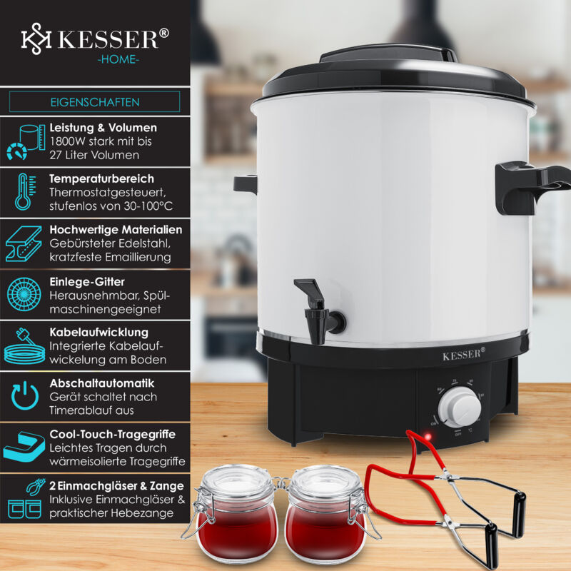 KESSER Inmaaktoestel 27 Liter - Glühweinketel Met Timer, 2000W, Incl. Weckpotten En Tang