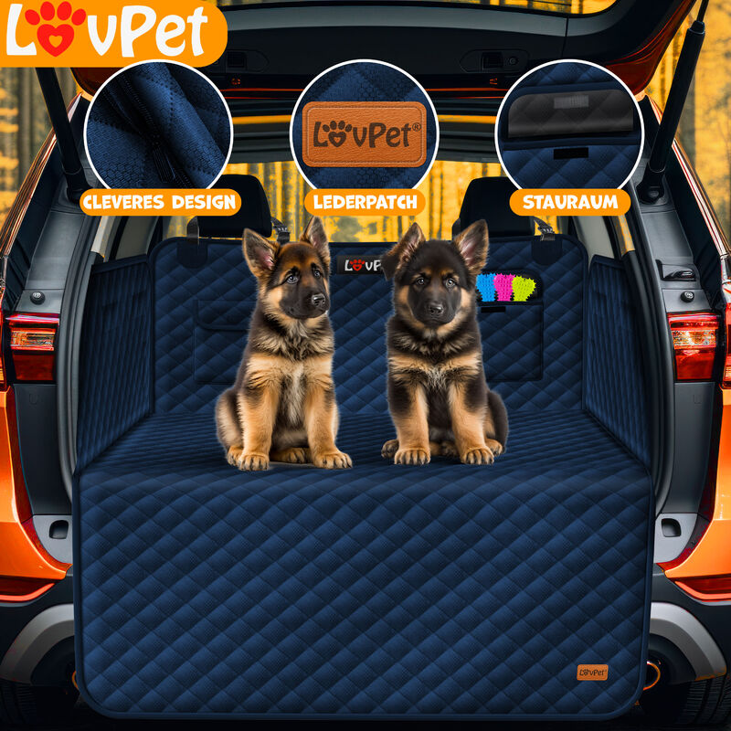 LOVPET® Kofferraumschutz Hund gesteppt mit Seiten- und Ladekantenschutz  Universale Kofferraum-Schutzmatte für Hunde Hundedecke Wasserabweisend &  Kratzfest mit Sicherheitsgurt und Zubehör , Navyblau
