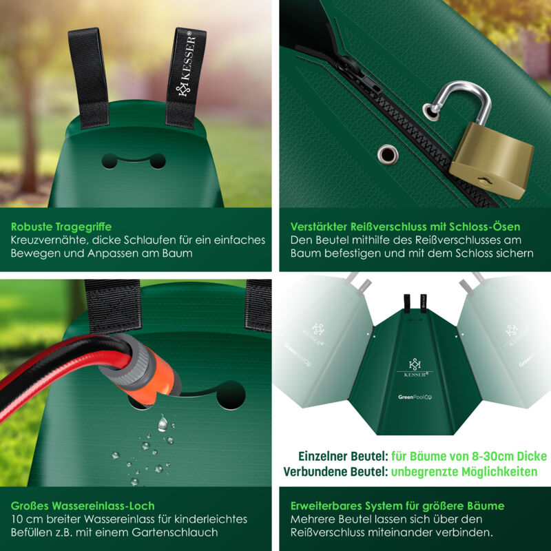 KESSER® Baum-Bewässerungssack Wassersack & Baumbewässerungsbeutel PVC-Tasche langlebig & UV-beständig Baumbeutel Garten Bewässerungssystem 1er Set / Grün / 75 Liter