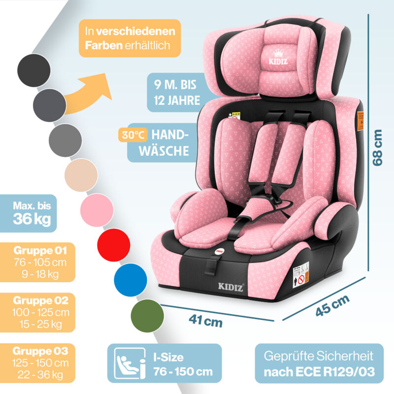 KIDIZ® Autokindersitz Kinderautositz Gruppe 1+2+3 9-36 Kg 5-Punkt-Sicherheitsgurt, Autositz, Kindersitz, Einstellbare Kopfstütze