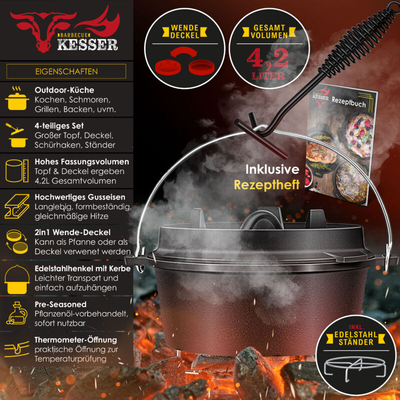 BBQ-Toro Dutch Oven DO6P, 7,3 L Premium Gusseisen Kochtopf, Gusstopf, BBQ- Toro.de