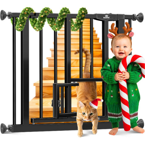 KIDIZ® Türschutzgitter Absperrgitter Treppengitter Kindergitter mit Türe für Hunde und Katzen Haustier ohne Bohren erweiterbar kombinierbar Schwarz / 74 - 87 cm