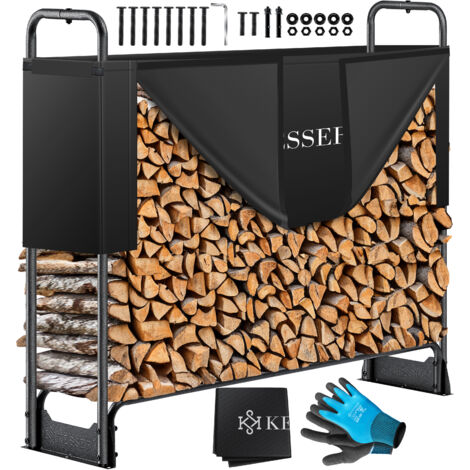 KESSER® Kaminholzregal Metall Brennholzregal außen Stahlrahmen + Abdeckung & Handschuhe Kaminholzunterstand 200kg Wasserdichter Holzlager Holzstapelhilfe   Schwarz / 130 x 36 x 117cm