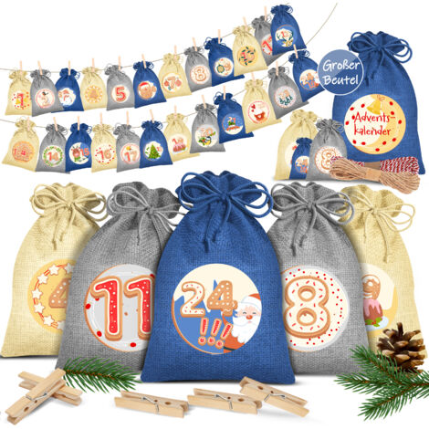 KESSER® Adventskalender zum Befüllen 24 Jutebeutel Gedruckte Stoffbeutel Kinder Weihnachtskalender zum Selber Befüllen Inkl. 24x Schildchen   14x10cm / Blau / Bunt