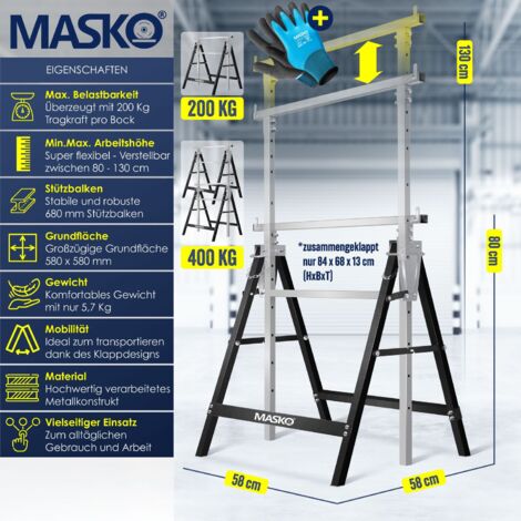 MASKO® Teleskop-Arbeitsbock Untergestell  Klappbock max. Belastbarkeit 200 kg  Unterstellbock höhenverstellbar Min. / max. Arbeitshöhe 800-1300 mm