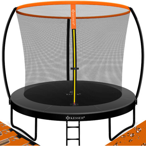 KESSER® Trampolin Gartentrampolin TÜV Rheinland GS Zertifiziert bis 150 kg mit Sicherheitsnetz Leiter Randabdeckung Orange / Anthrazit, 244 cm