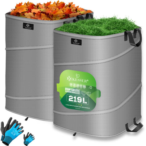 KESSER® Pop-Up-Gartensack Laubsack Gartenabfallsack inkl. Handschuhe  Selbststehend mit Griffen Stabil Robust & Faltbar  Grau / Schwarz, 2x 219 Liter