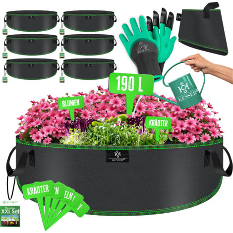 KESSER® Pflanzsack 190 Liter - 6er Set aus Vlies mit Namensschildern, Sichtfenster & Griffen – ideal für Gemüse, Blumen & Obst  - Schwarz