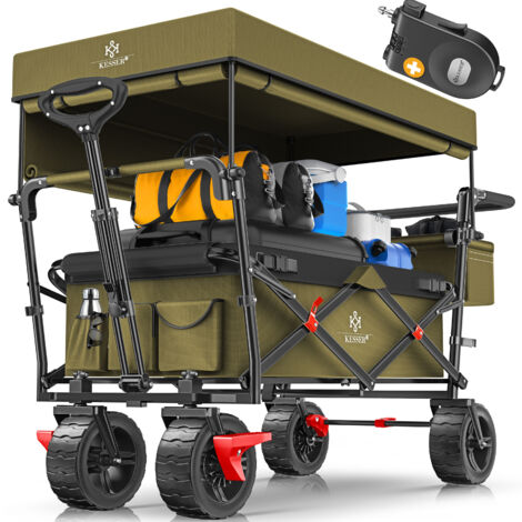 KESSER® Bollerwagen faltbar GT9000 mit Dach Handwagen Transportwagen inkl. 2x 3-Punkt Gurtsystem klappbar Vollgummi-Reifen bis 80 kg Khaki (1/5)