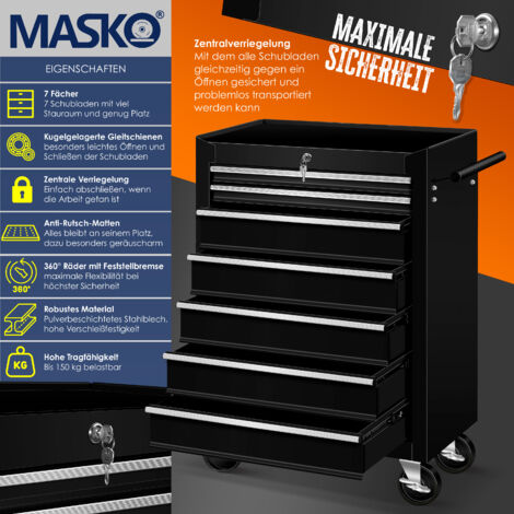 Masko® Werkstattwagen Rollwagen Werkzeugwagen Werkzeugkiste Fächer Toolbox Werkzeug-Box   7 Fächer Schwarz