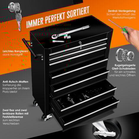 Masko® Werkstattwagen Rollwagen Werkzeugwagen Werkzeugkiste Fächer Toolbox Werkzeug-Box   7 Fächer Schwarz