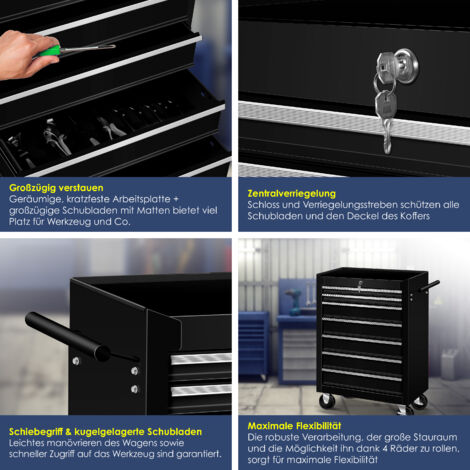 Masko® Werkstattwagen Rollwagen Werkzeugwagen Werkzeugkiste Fächer Toolbox Werkzeug-Box   7 Fächer Schwarz