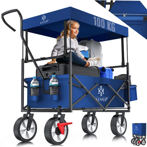 KESSER® Bollerwagen faltbar mit Dach Handwagen Transportkarre Gerätewagen  inkl. 2 Netztaschen und Einer Außentasche  klappbar  Vollgummi-Reifen   Blau/Navy