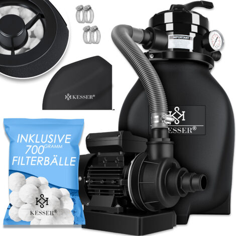 KESSER® Sandfilter Sandfilteranlage + 700g Filterbälle ersetzen 25kg Filtersand- Poolfilter 10 m³/h Filteranlage Filterkessel für Pool Schwimmbecken   Schwarz