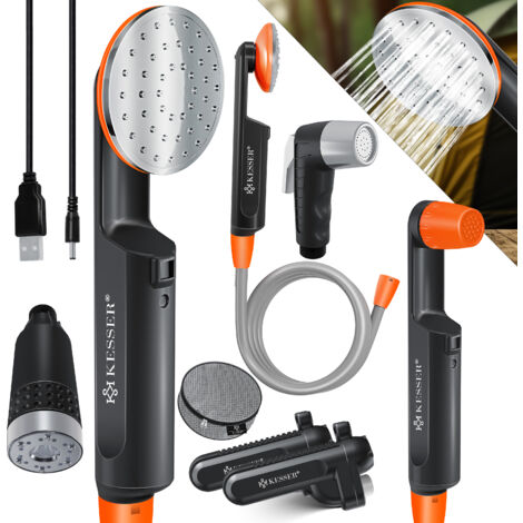 KESSER® Campingdusche mit Akku Tauchpumpe Handbrause 2x 2200mAh-Lithium-Akku USB-Ladekabel für Camping Garten - Auto - Outdoor Hundedusche Schwarz / Orange