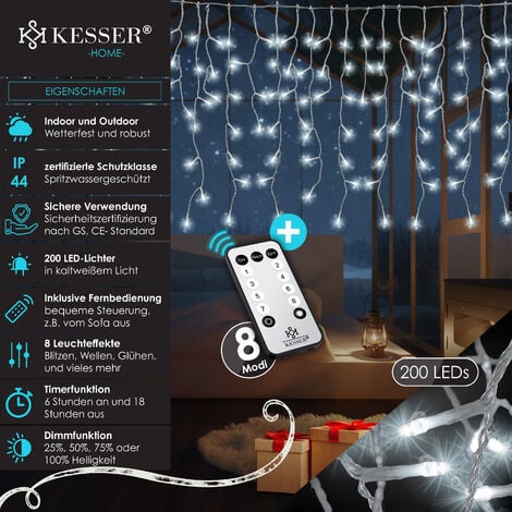 KESSER® Regenlichterkette Lichterkette inkl Fernbedienung - 8 Leuchteffekte  - Timer - In- & Outdoor Regenkette Deko Weihnachtsbeleuchtung Party,