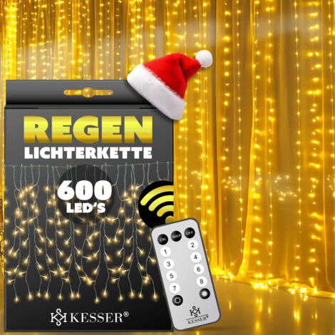 KESSER® Regenlichterkette Lichterkette inkl Fernbedienung - 8 Leuchteffekte - Timer - In- & Outdoor Regenkette Deko Weihnachtsbeleuchtung Party   Warmweiß / 600 LED's
