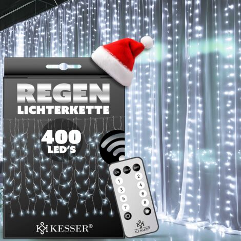 KESSER® Regenlichterkette Lichterkette inkl Fernbedienung - 8 Leuchteffekte - Timer - In- & Outdoor Regenkette Deko Weihnachtsbeleuchtung Party   Kalt-weiß / 400 LED's