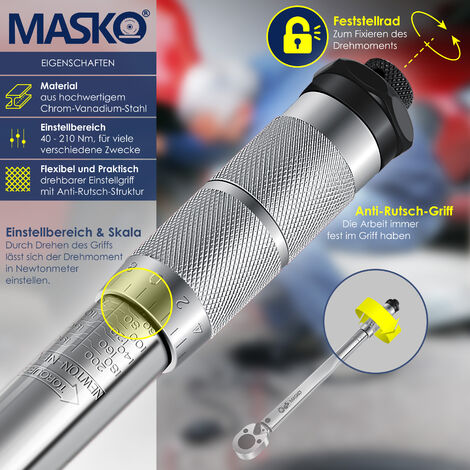 MASKO® Drehmomentschlüssel 40-210Nm 17mm, CV Set 6tlg. 1/2 19mm, \' 3 Stecknüssen 21mm inkl