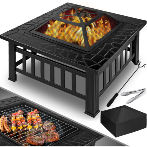 KESSER® Feuerstelle mit Grillrost & Grillzange Feuerschale 82x82x50cm   3in1 Multifunktional Fire Pit für Heizung/BBQ Grill   Garten Terrasse   Schwarz (Vierkant)