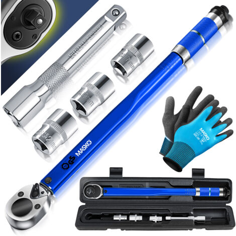 MASKO® Drehmomentschlüssel 6tlg. Set 40-210Nm 1/2 ' CV inkl. 3 Stecknüssen 17mm   19mm   21mm und Verlängerung 125mm inkl. Koffer +/- 4% Toleranz Reifen   Blau
